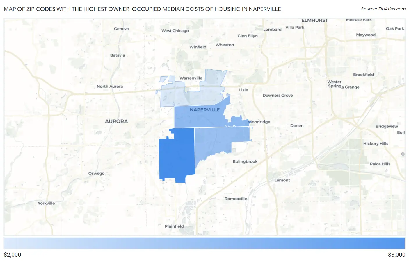 Zip Codes with the Highest Owner-Occupied Median Costs of Housing in Naperville Map