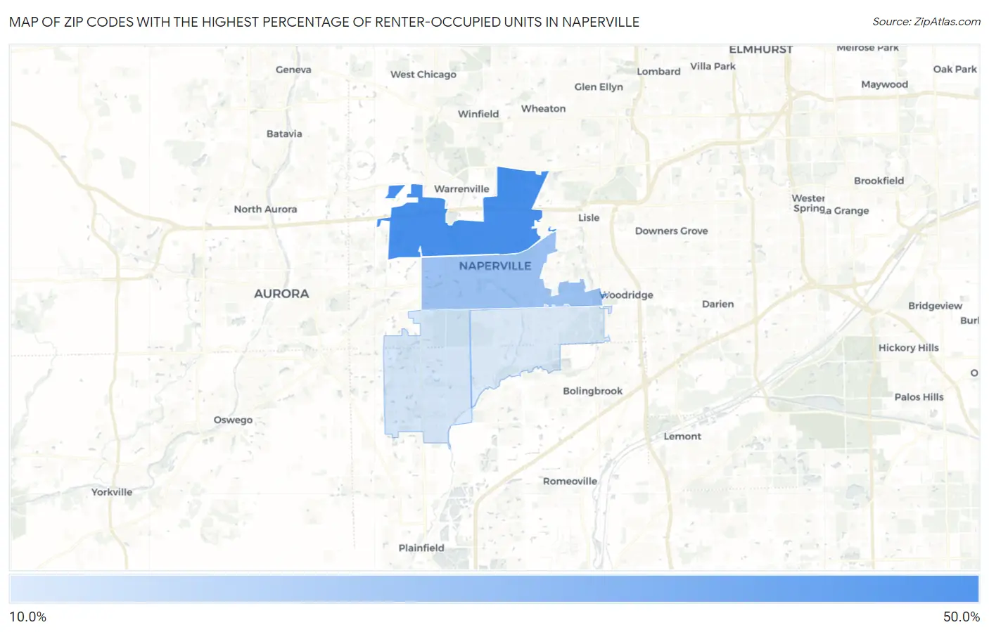 Zip Codes with the Highest Percentage of Renter-Occupied Units in Naperville Map