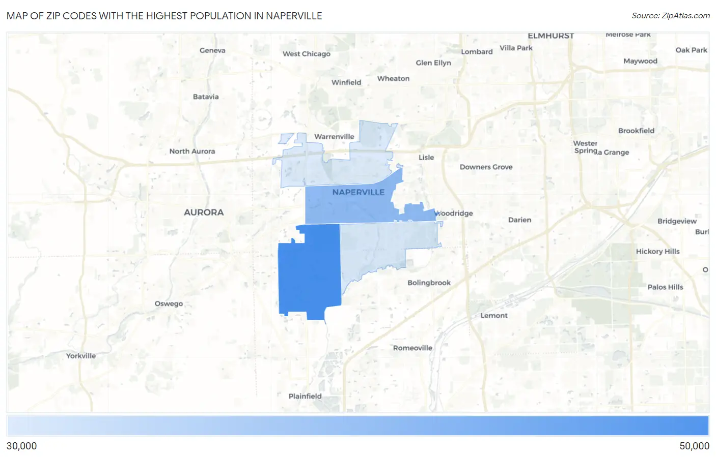 Zip Codes with the Highest Population in Naperville Map
