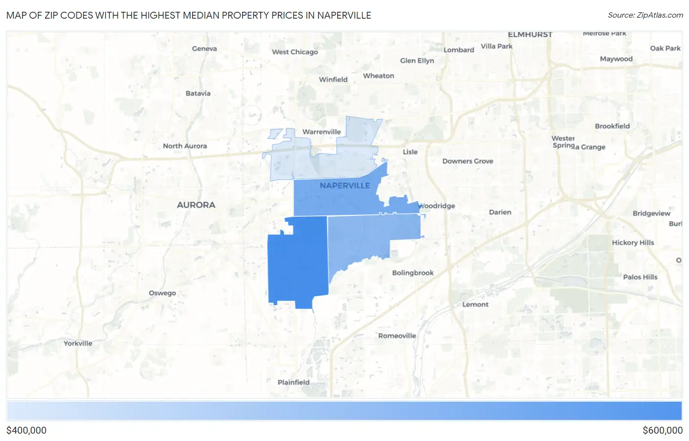 Zip Codes with the Highest Median Property Prices in Naperville Map