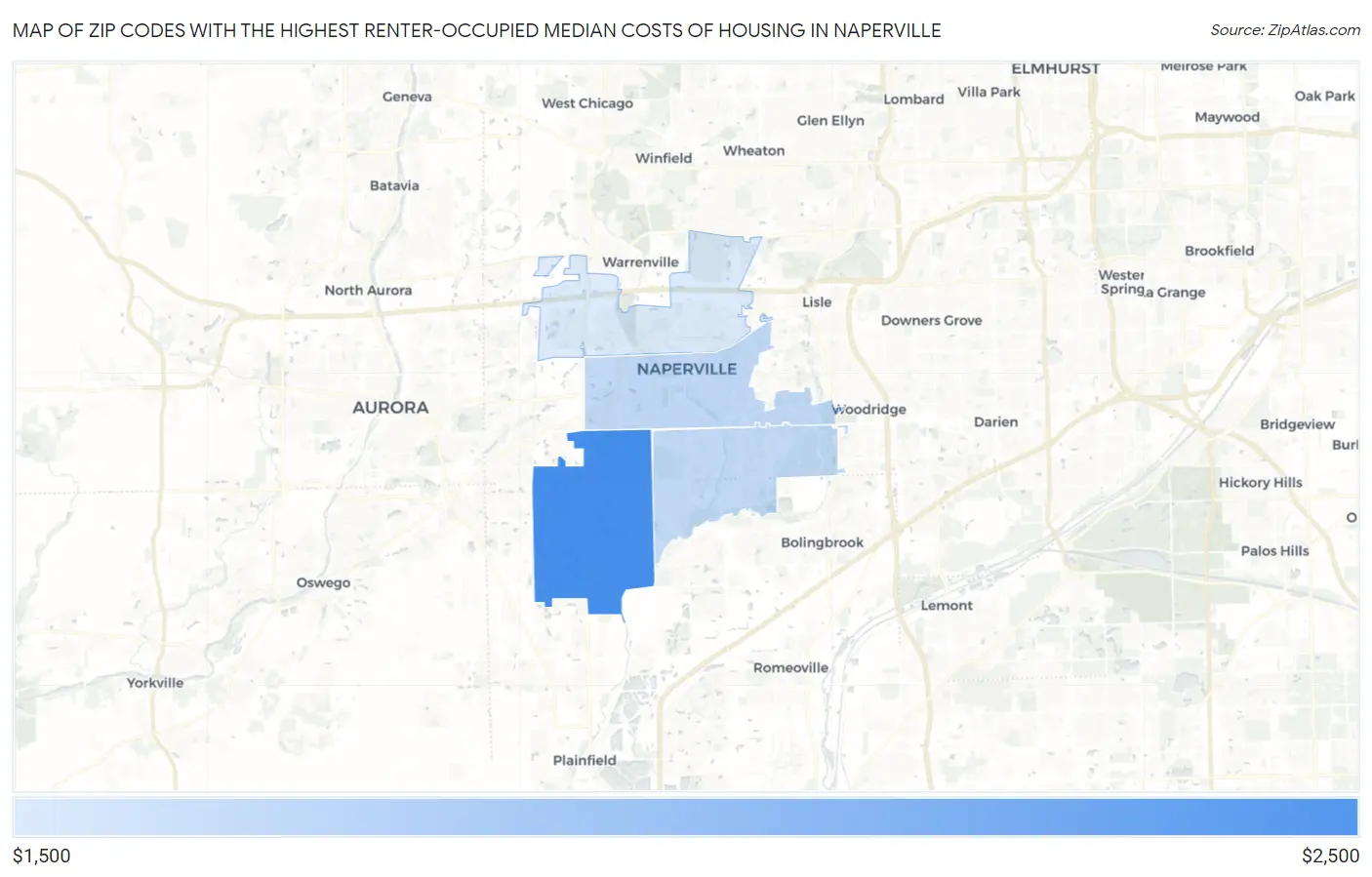 Zip Codes with the Highest Renter-Occupied Median Costs of Housing in Naperville Map