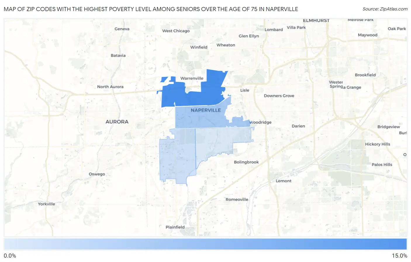 Zip Codes with the Highest Poverty Level Among Seniors Over the Age of 75 in Naperville Map