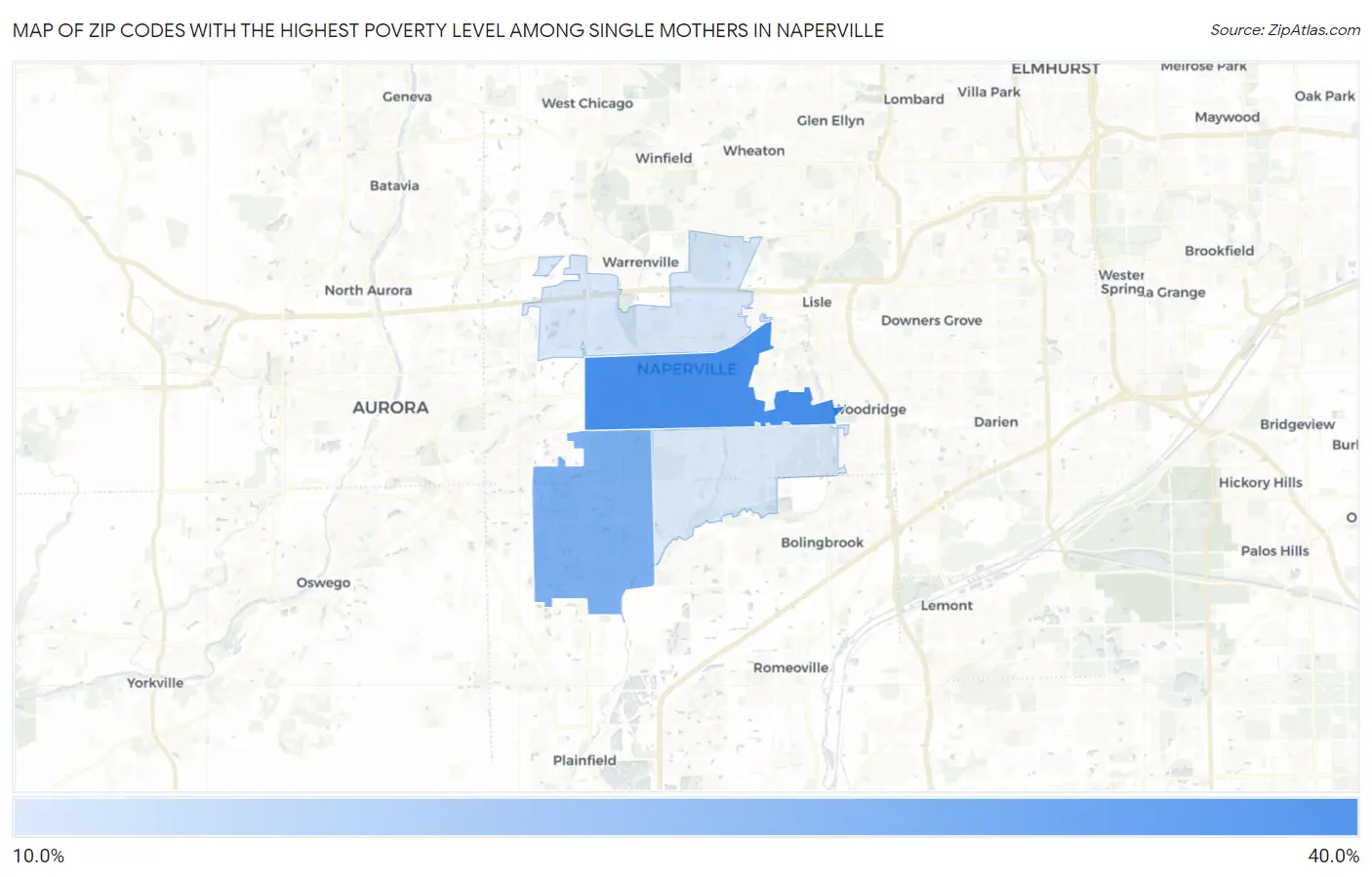 Zip Codes with the Highest Poverty Level Among Single Mothers in Naperville Map