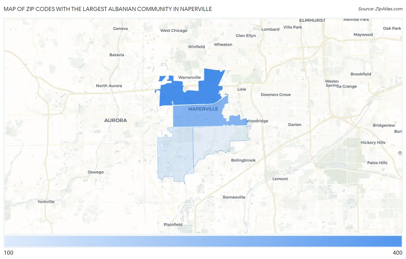 Zip Codes with the Largest Albanian Community in Naperville Map
