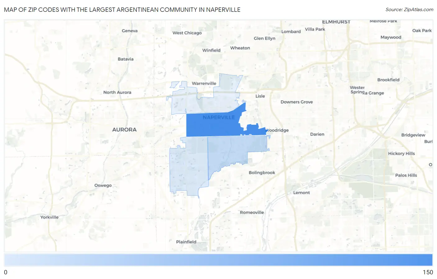 Zip Codes with the Largest Argentinean Community in Naperville Map