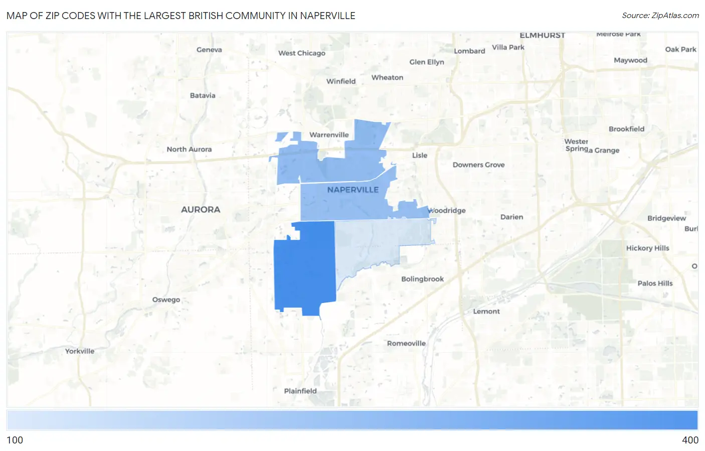 Zip Codes with the Largest British Community in Naperville Map