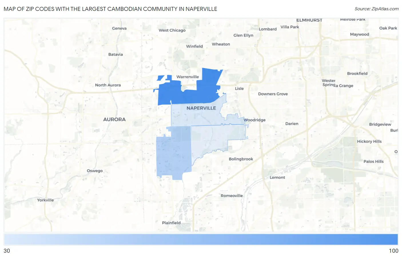 Zip Codes with the Largest Cambodian Community in Naperville Map