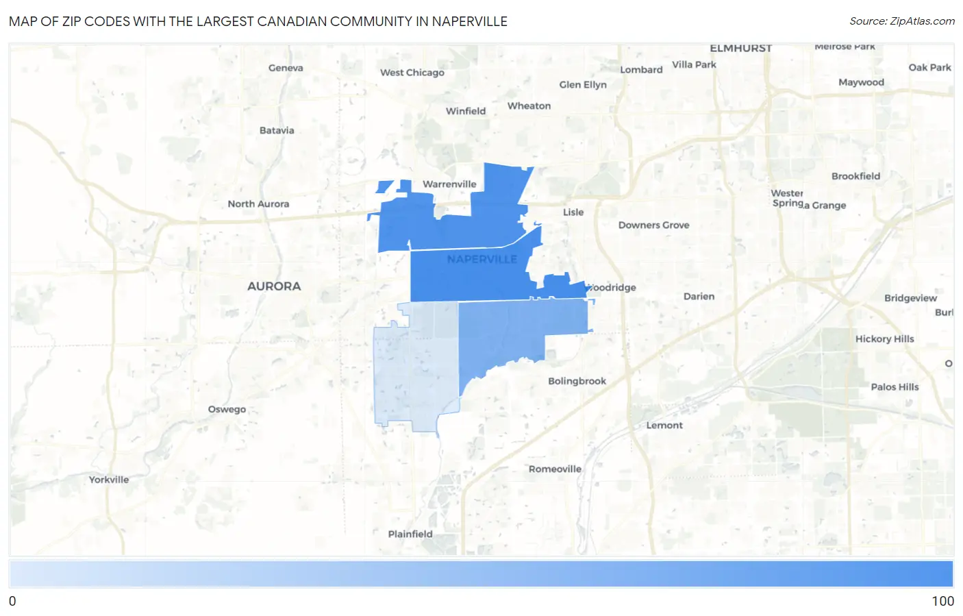 Zip Codes with the Largest Canadian Community in Naperville Map