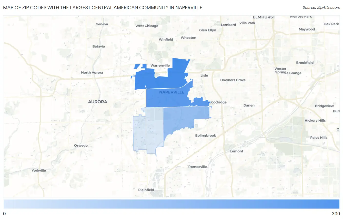 Zip Codes with the Largest Central American Community in Naperville Map