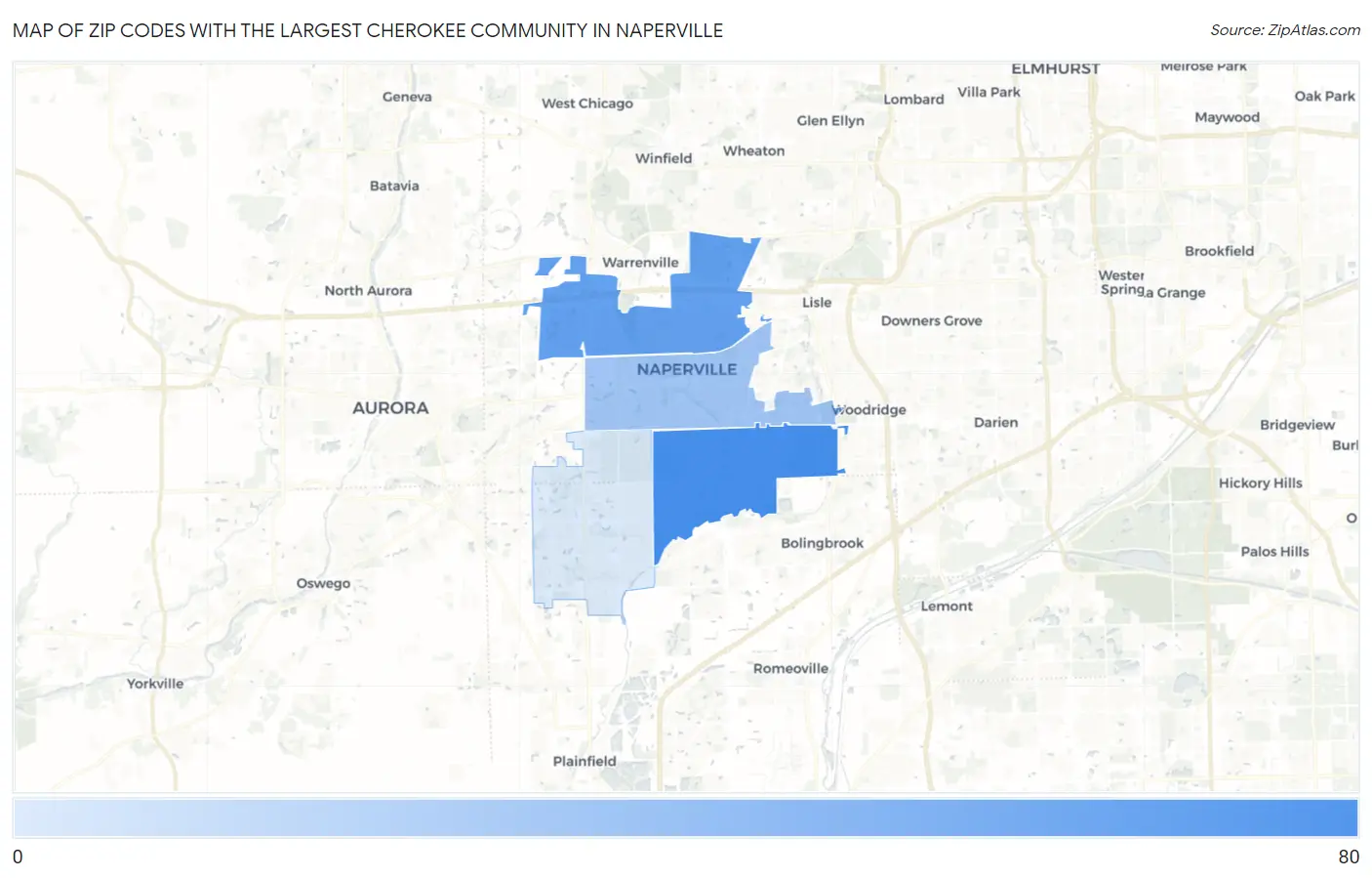 Zip Codes with the Largest Cherokee Community in Naperville Map