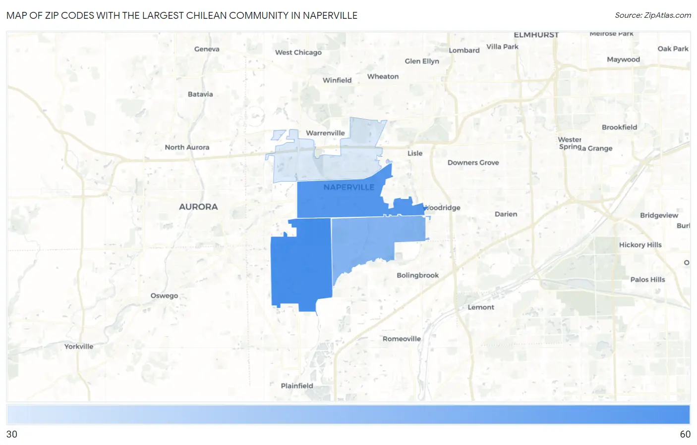 Zip Codes with the Largest Chilean Community in Naperville Map