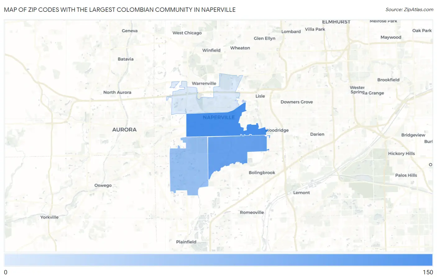 Zip Codes with the Largest Colombian Community in Naperville Map