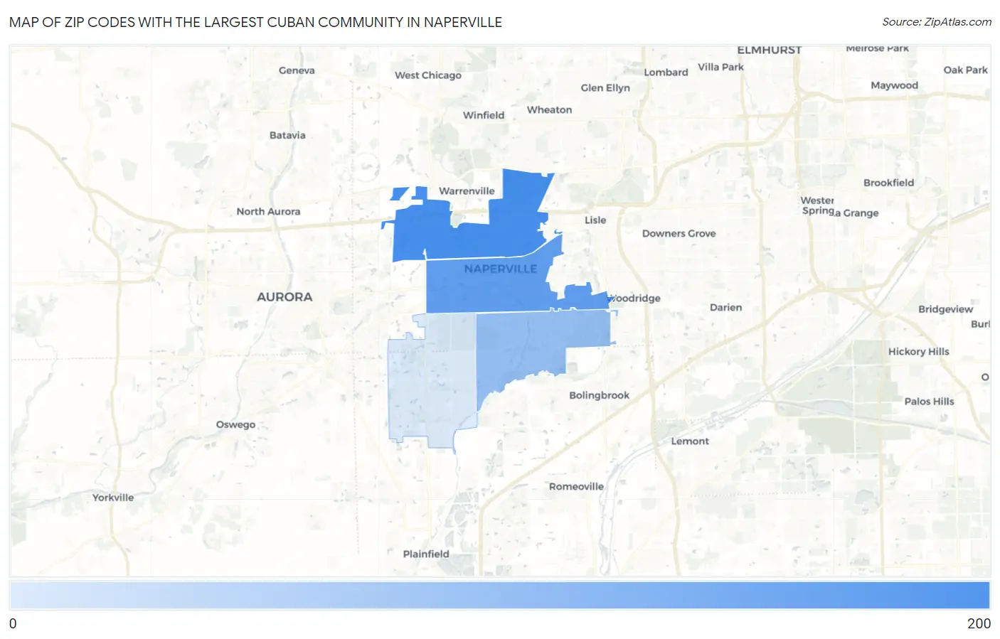 Zip Codes with the Largest Cuban Community in Naperville Map