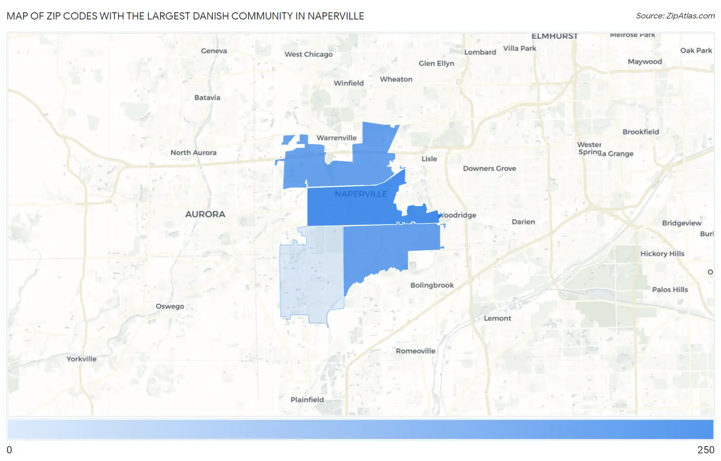 Zip Codes with the Largest Danish Community in Naperville Map