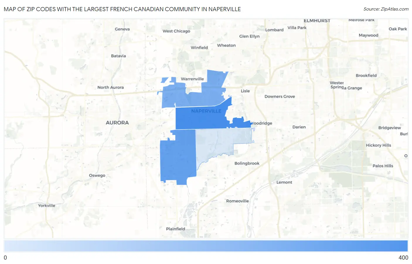 Zip Codes with the Largest French Canadian Community in Naperville Map