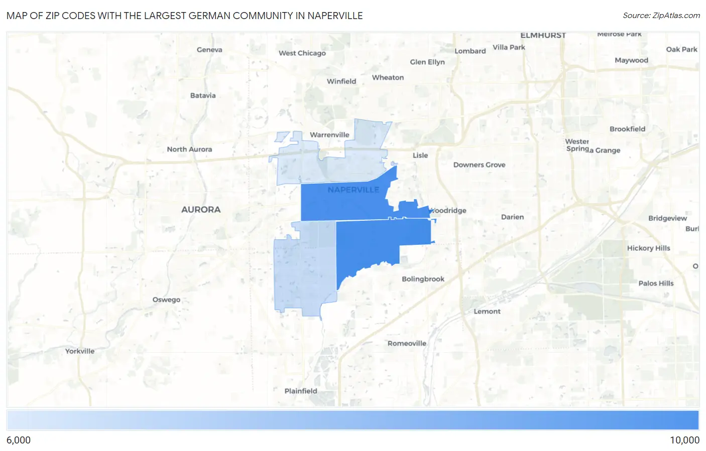 Zip Codes with the Largest German Community in Naperville Map