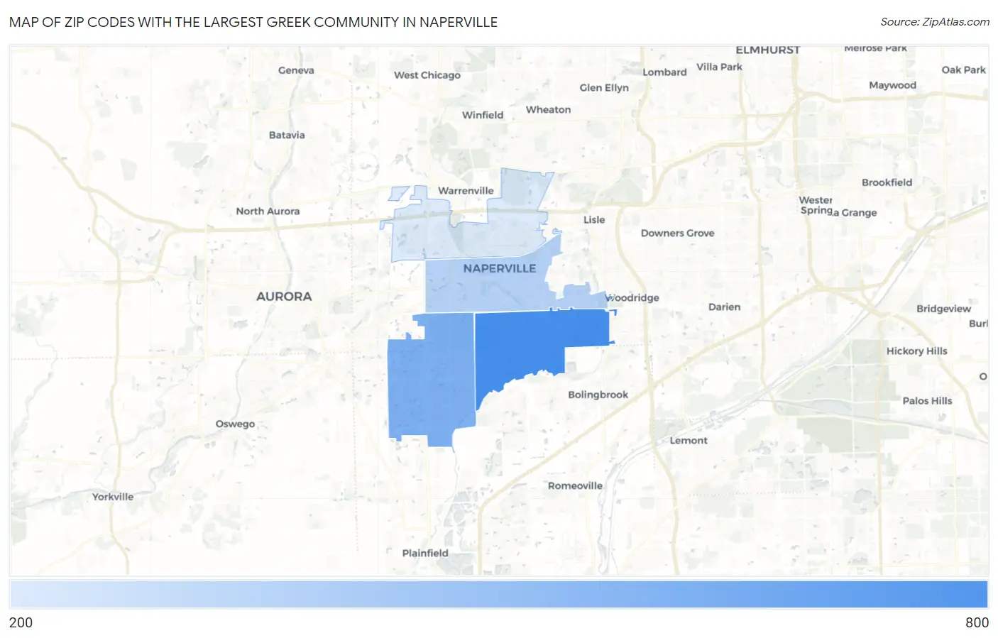 Zip Codes with the Largest Greek Community in Naperville Map