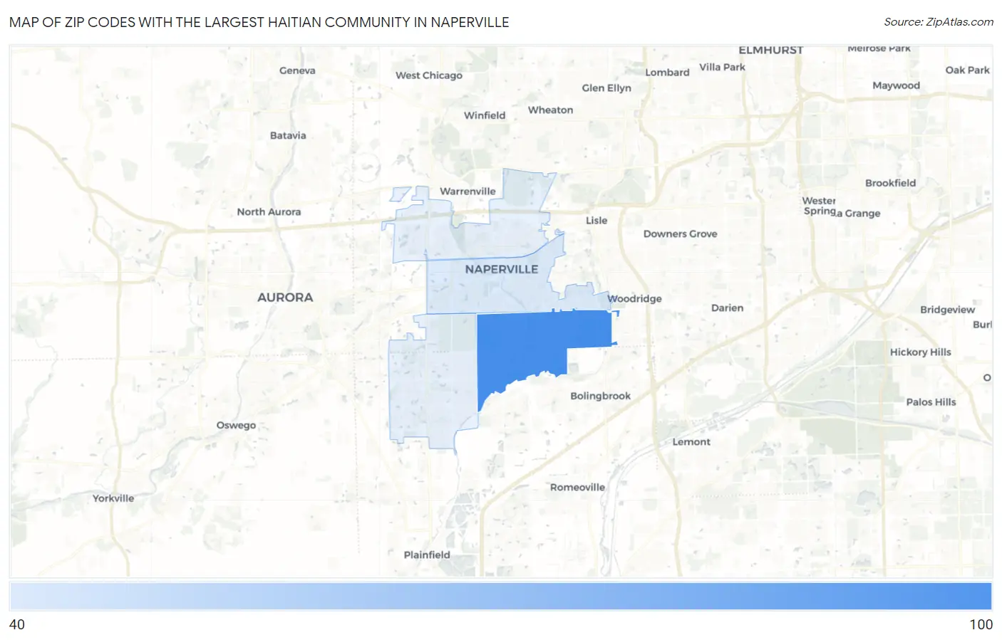 Zip Codes with the Largest Haitian Community in Naperville Map