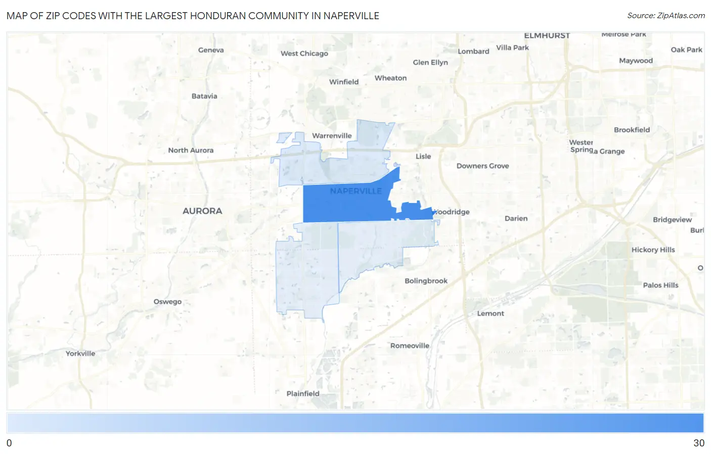 Zip Codes with the Largest Honduran Community in Naperville Map
