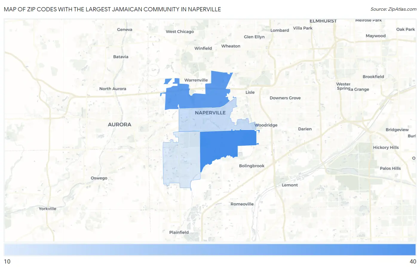Zip Codes with the Largest Jamaican Community in Naperville Map