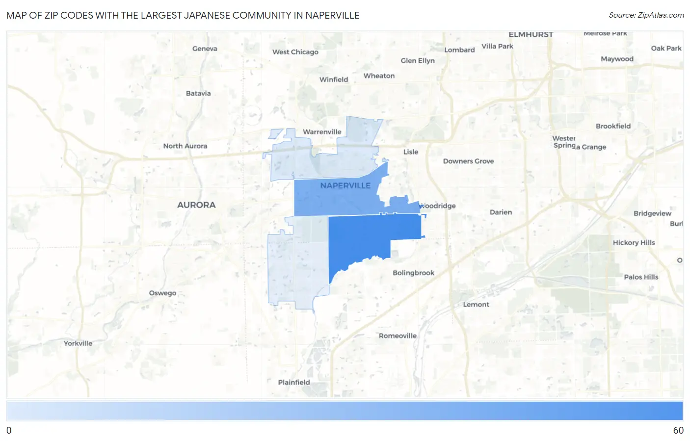 Zip Codes with the Largest Japanese Community in Naperville Map