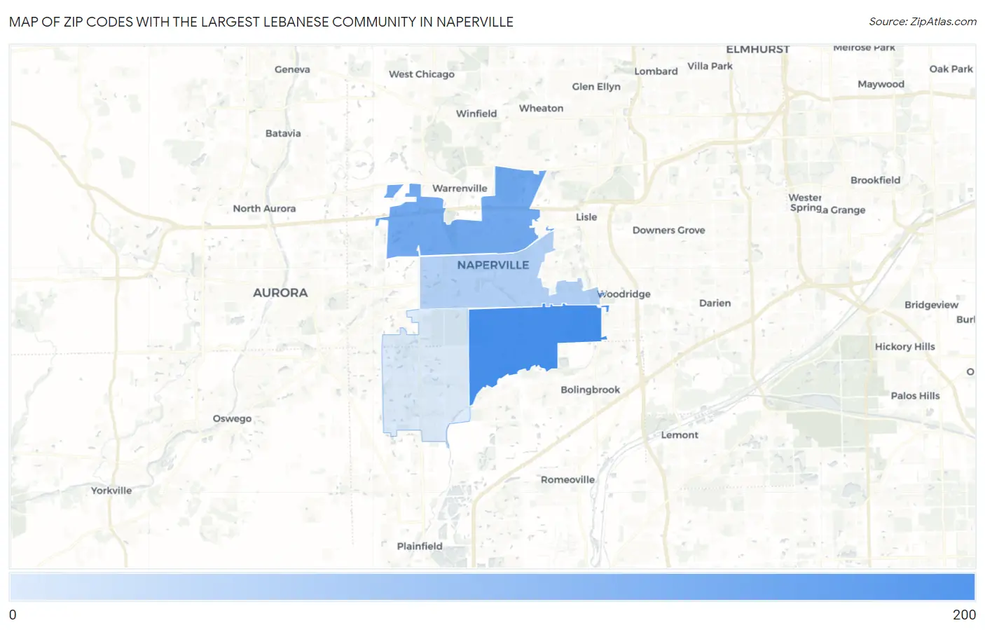 Zip Codes with the Largest Lebanese Community in Naperville Map