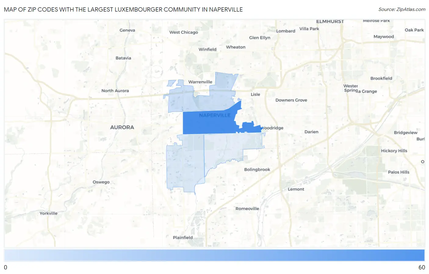 Zip Codes with the Largest Luxembourger Community in Naperville Map