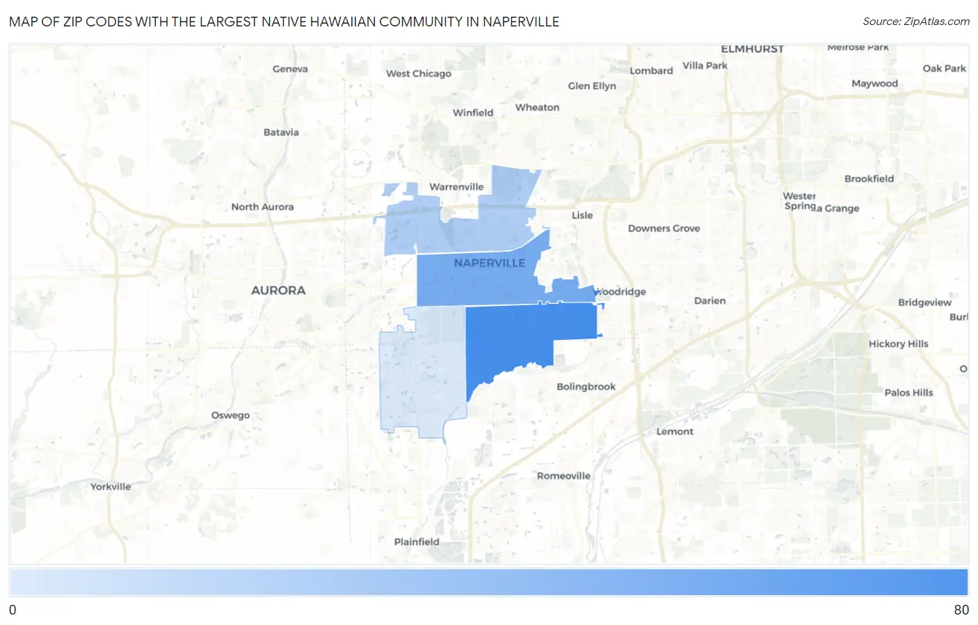 Zip Codes with the Largest Native Hawaiian Community in Naperville Map