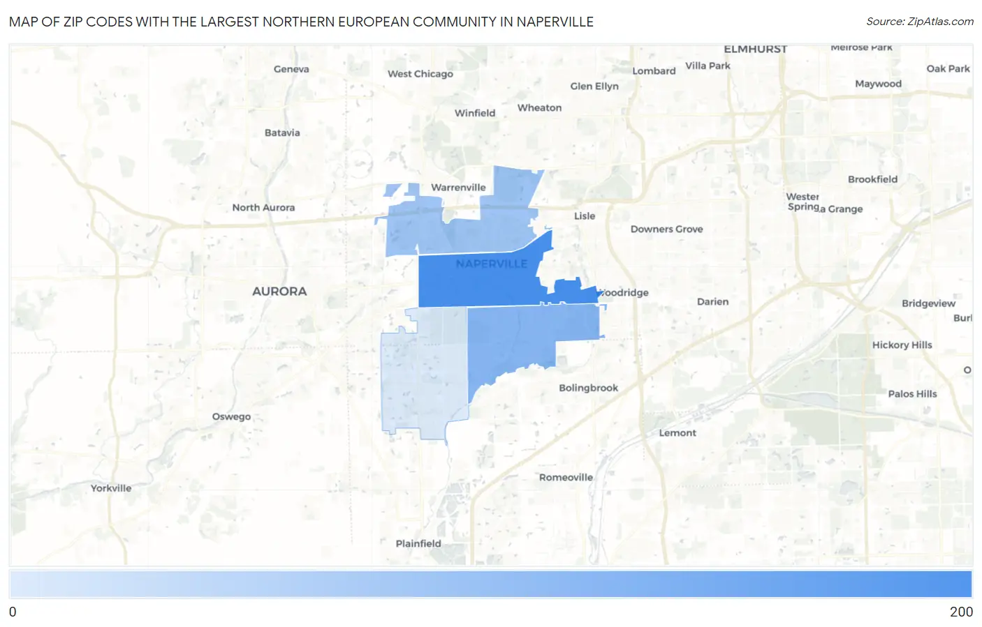Zip Codes with the Largest Northern European Community in Naperville Map