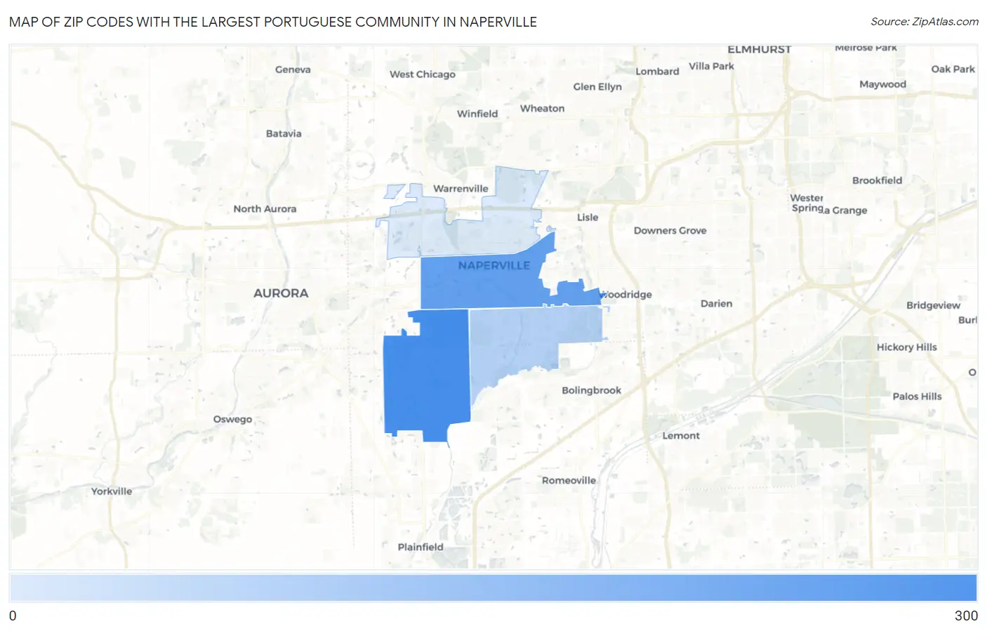 Zip Codes with the Largest Portuguese Community in Naperville Map