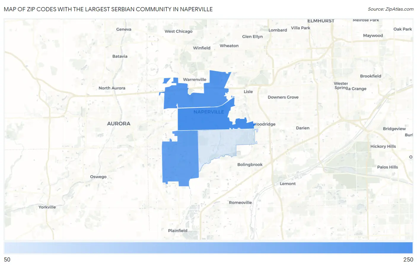 Zip Codes with the Largest Serbian Community in Naperville Map