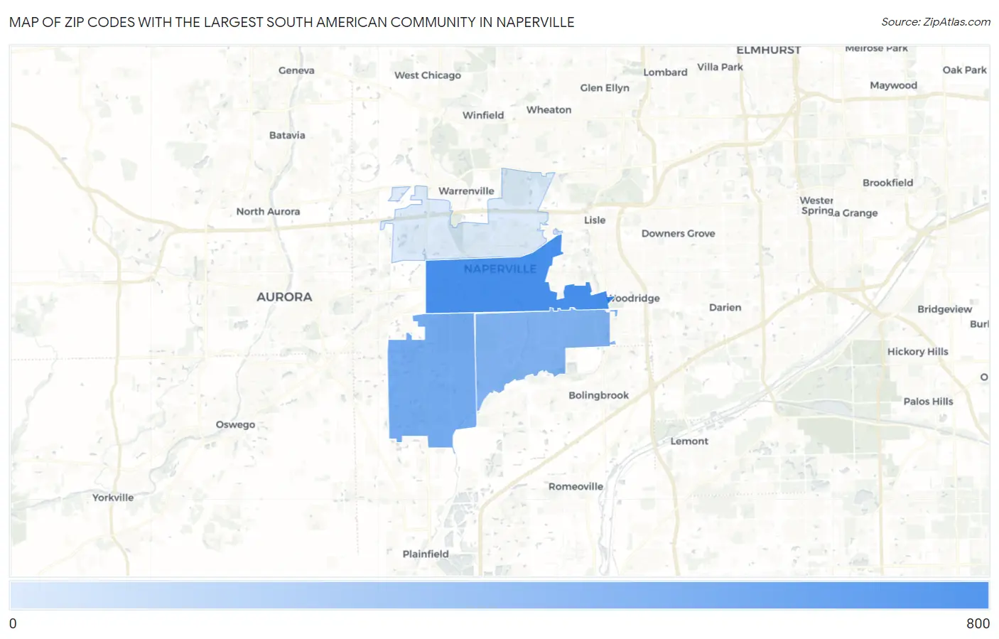 Zip Codes with the Largest South American Community in Naperville Map