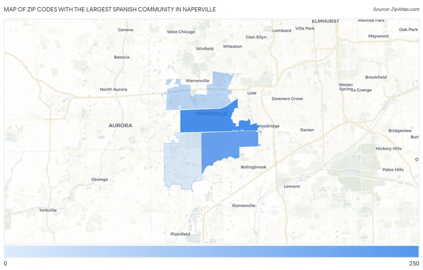 Zip Codes with the Largest Spanish Community in Naperville Map