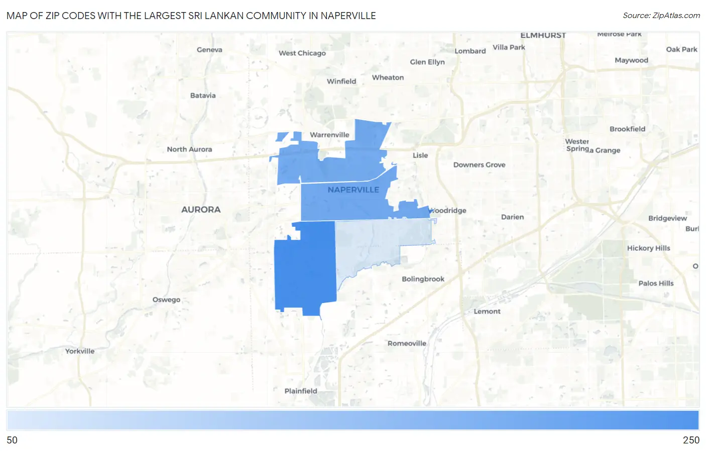 Zip Codes with the Largest Sri Lankan Community in Naperville Map