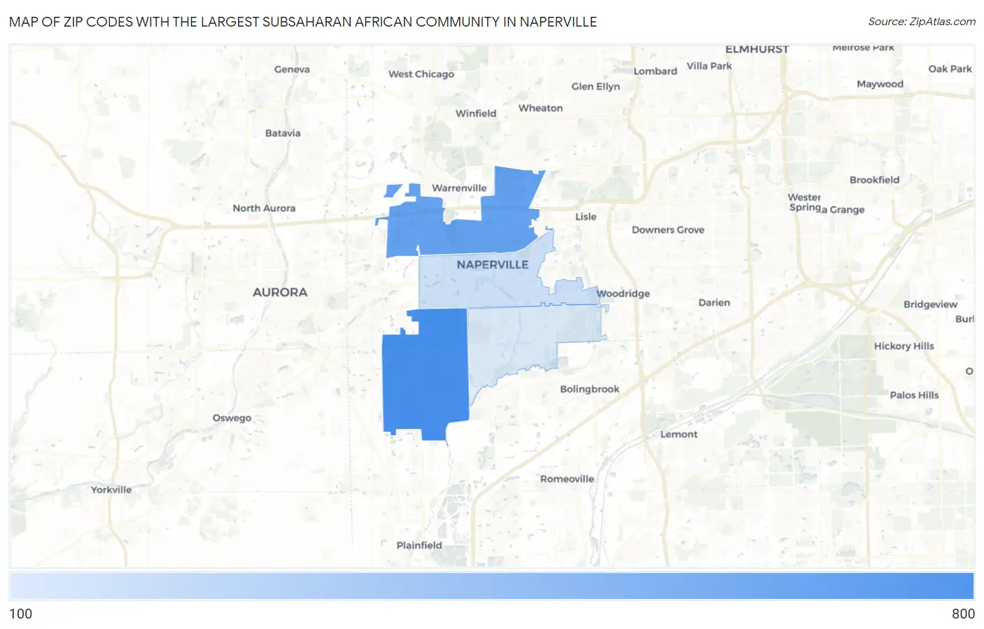 Zip Codes with the Largest Subsaharan African Community in Naperville Map