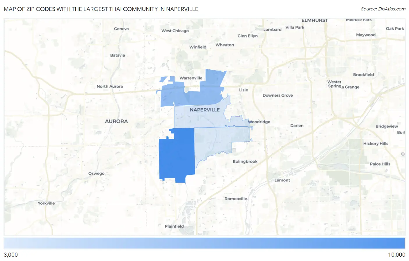 Zip Codes with the Largest Thai Community in Naperville Map