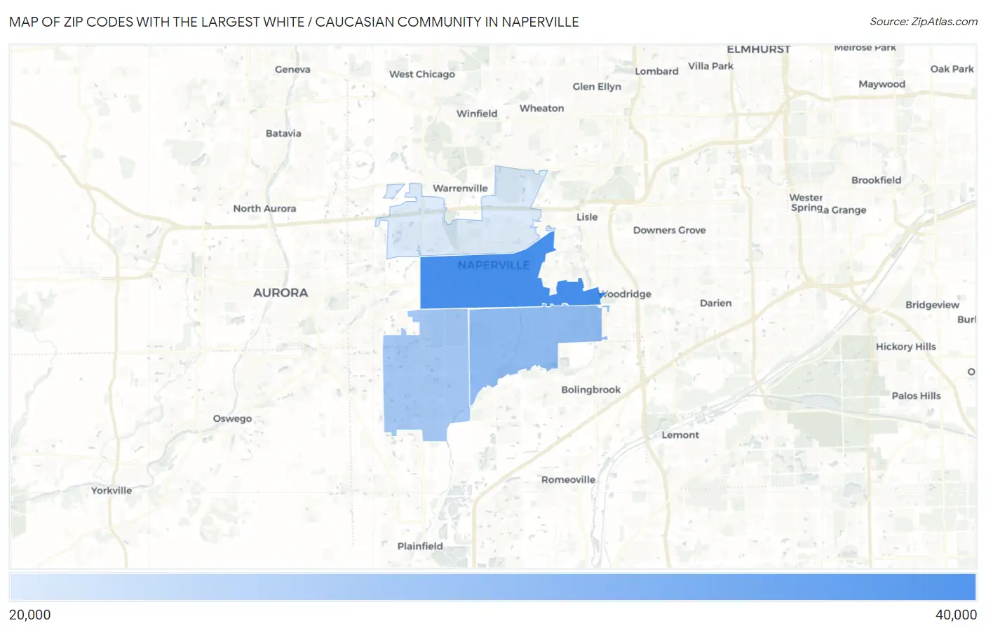 Zip Codes with the Largest White / Caucasian Community in Naperville Map