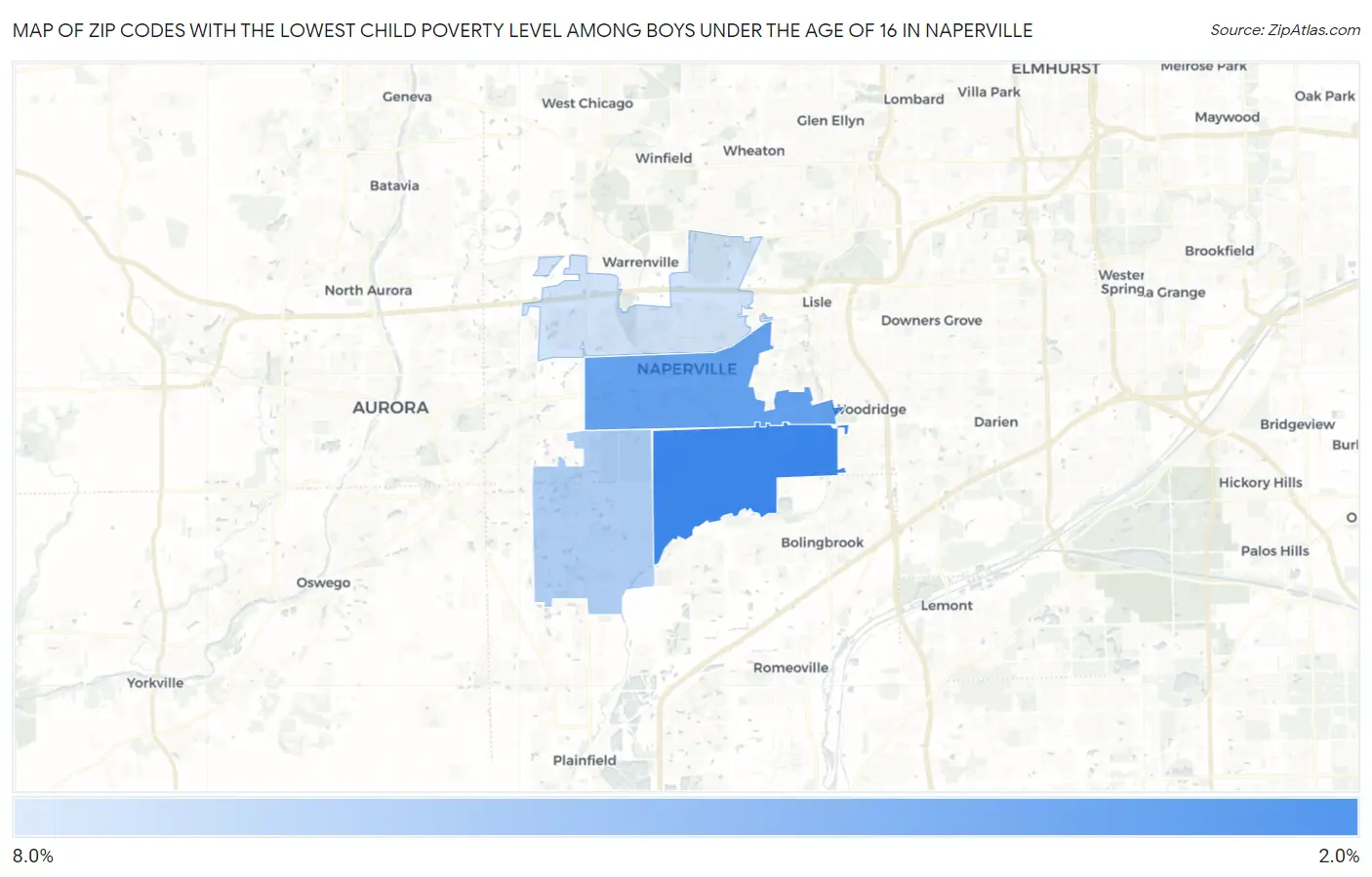 Zip Codes with the Lowest Child Poverty Level Among Boys Under the Age of 16 in Naperville Map