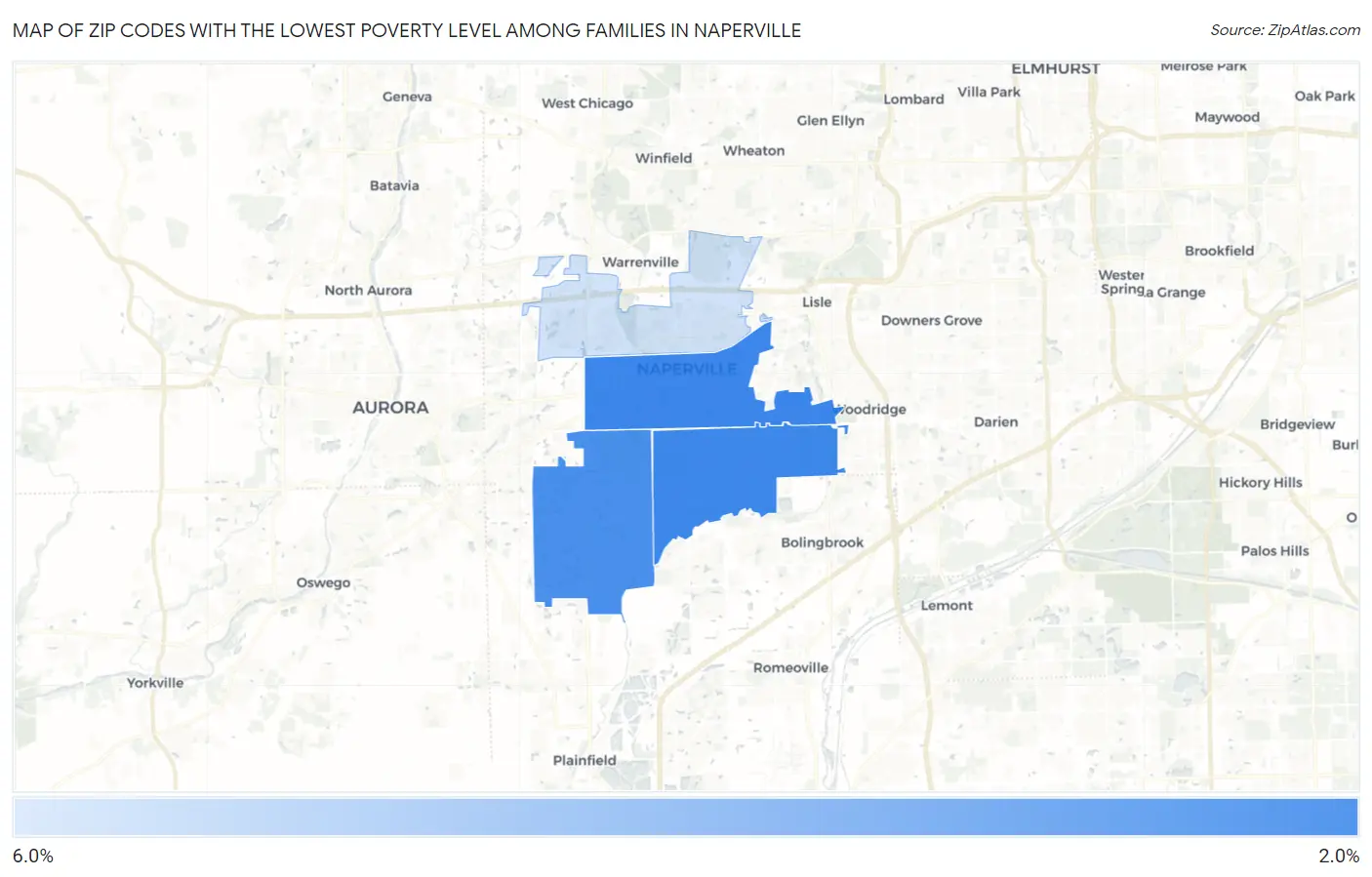 Zip Codes with the Lowest Poverty Level Among Families in Naperville Map