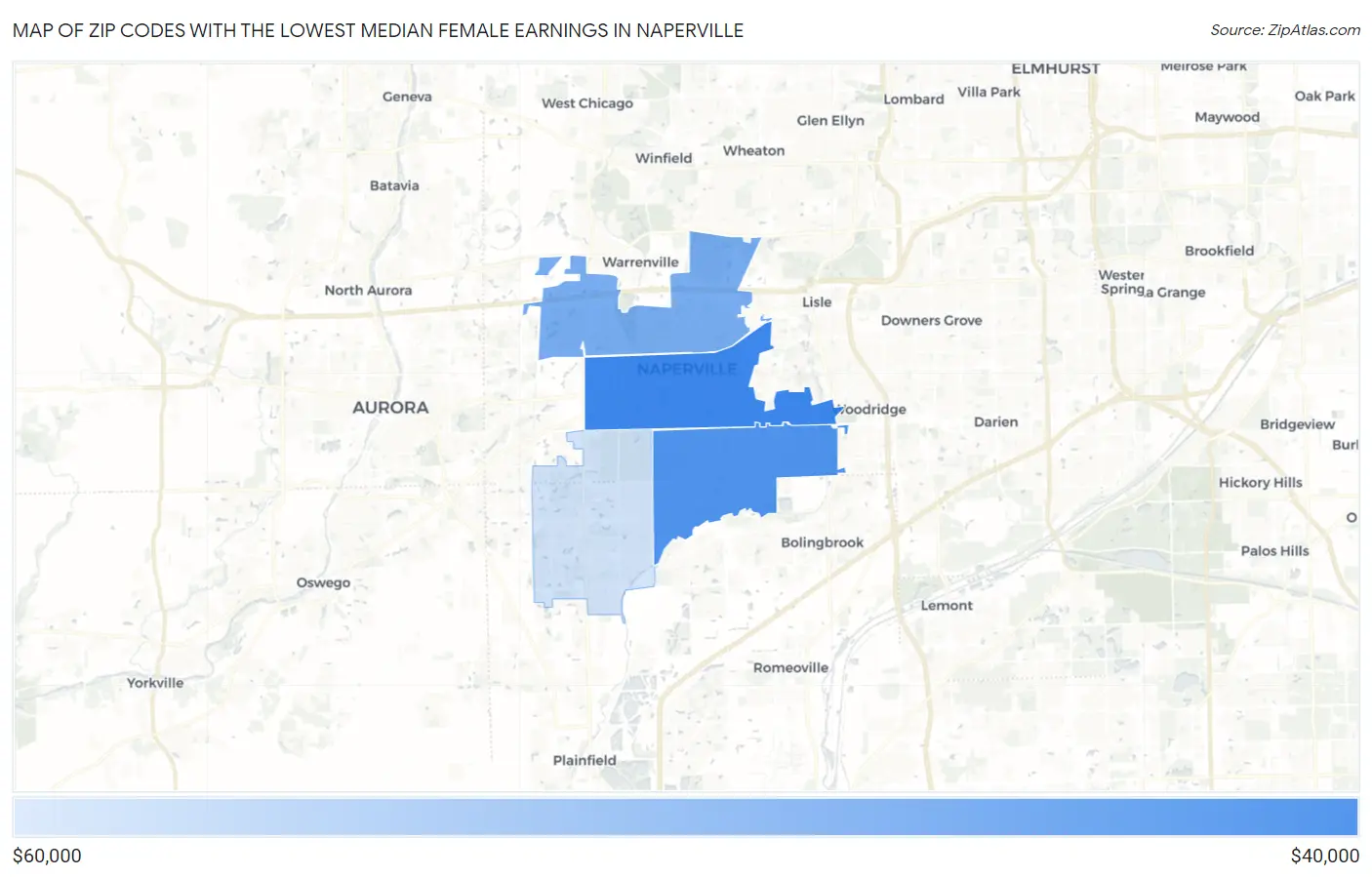 Zip Codes with the Lowest Median Female Earnings in Naperville Map
