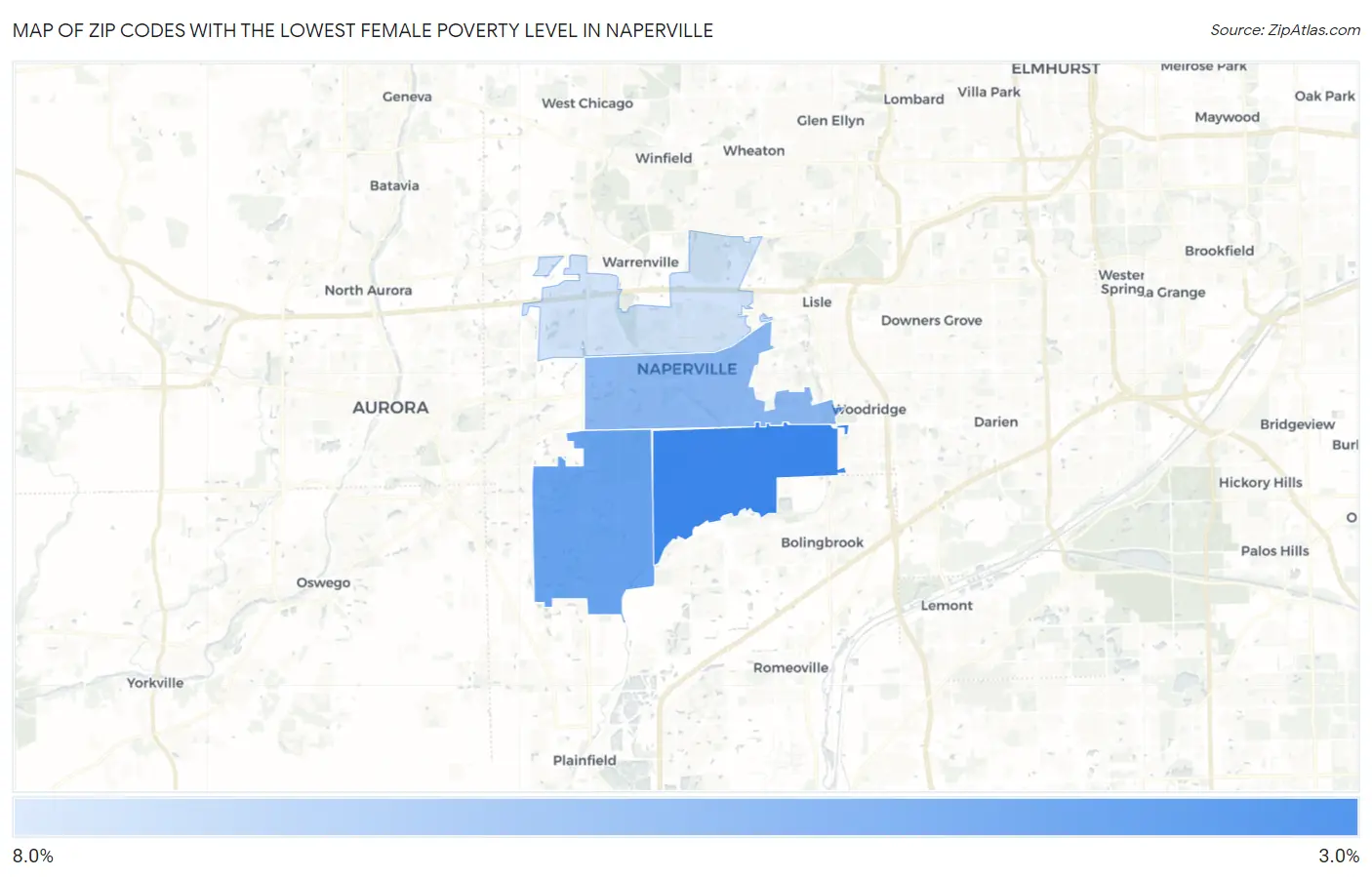 Zip Codes with the Lowest Female Poverty Level in Naperville Map