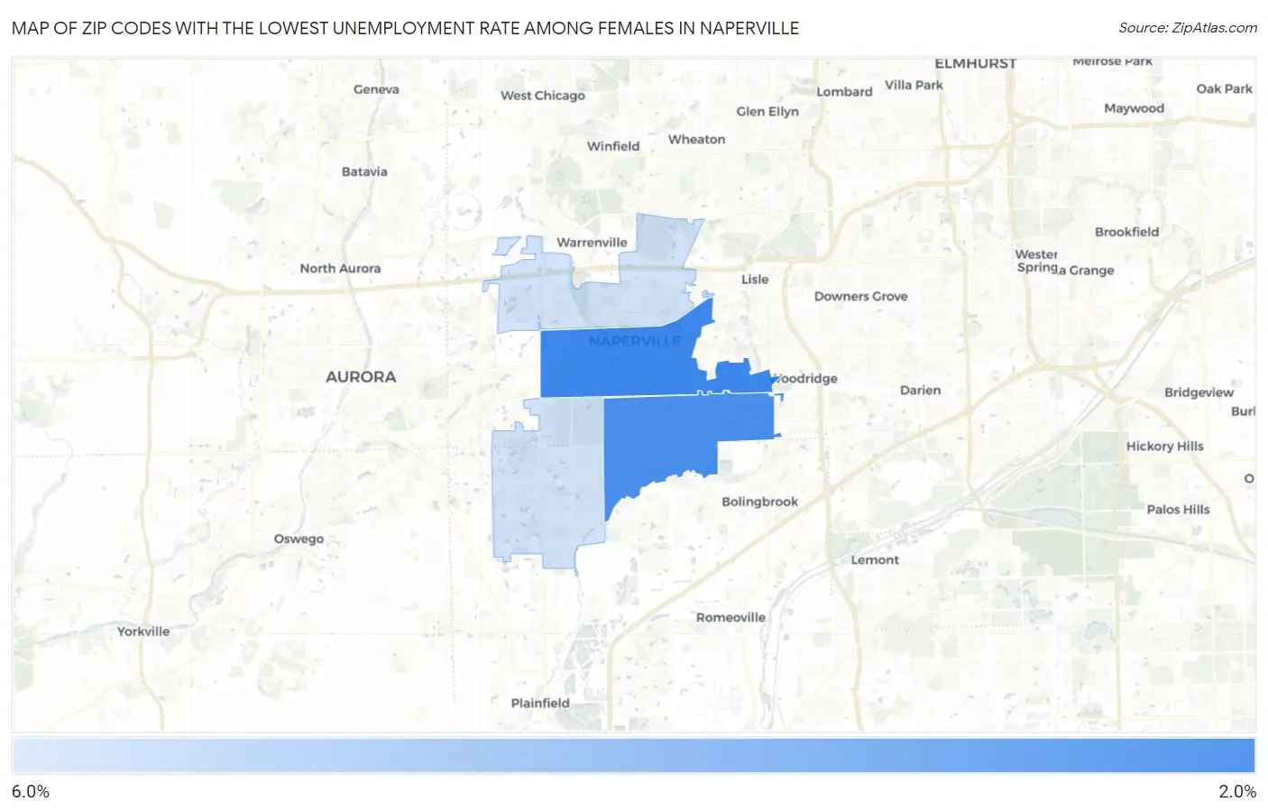 Zip Codes with the Lowest Unemployment Rate Among Females in Naperville Map