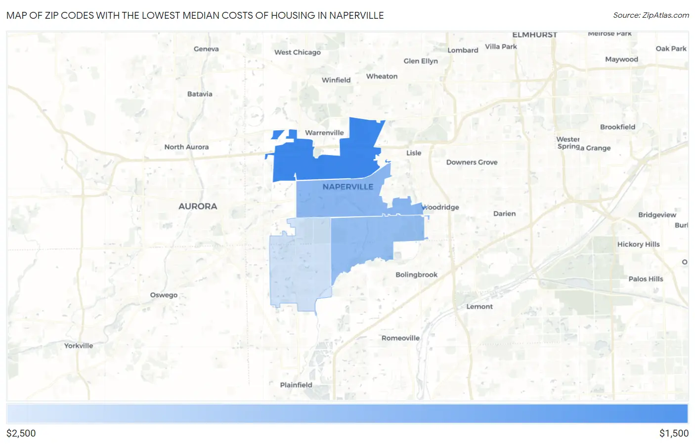Zip Codes with the Lowest Median Costs of Housing in Naperville Map