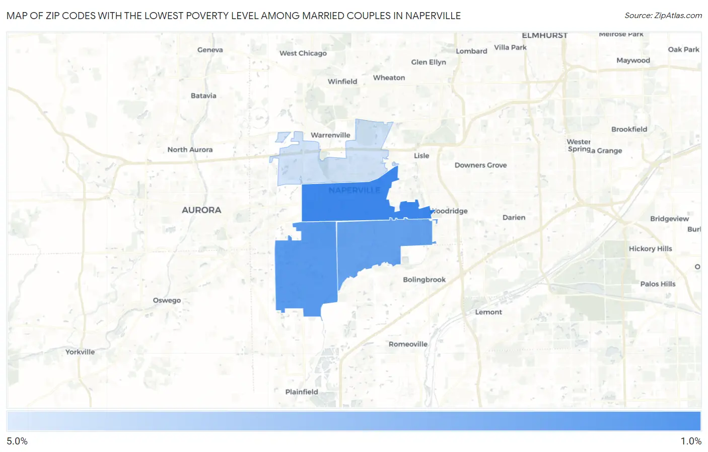 Zip Codes with the Lowest Poverty Level Among Married Couples in Naperville Map