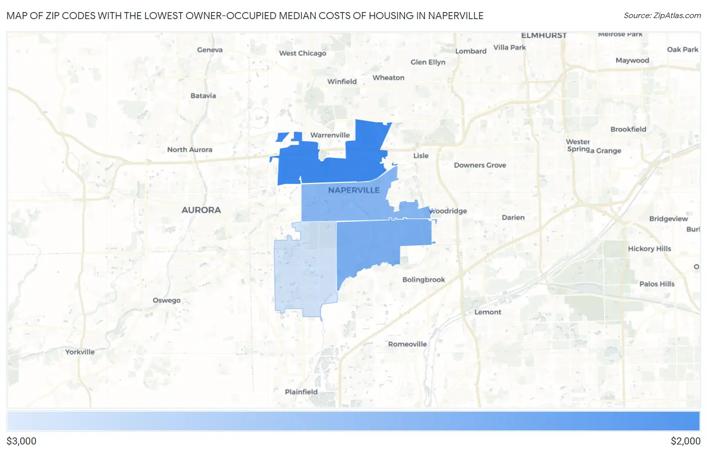 Zip Codes with the Lowest Owner-Occupied Median Costs of Housing in Naperville Map