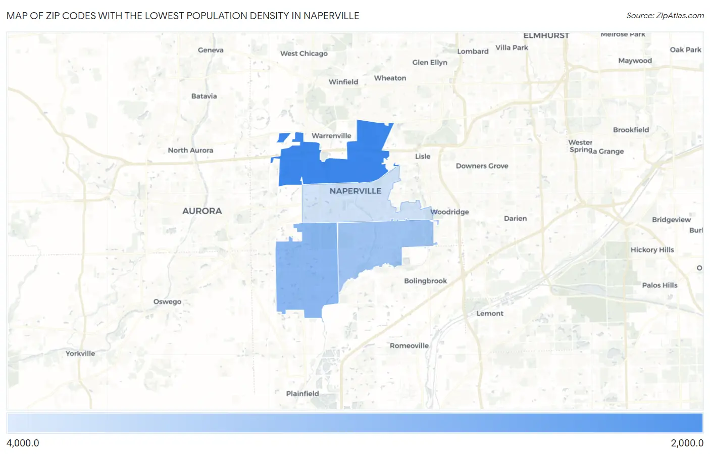 Zip Codes with the Lowest Population Density in Naperville Map
