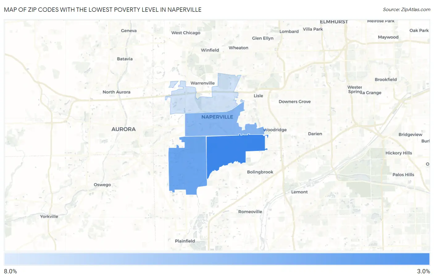 Zip Codes with the Lowest Poverty Level in Naperville Map