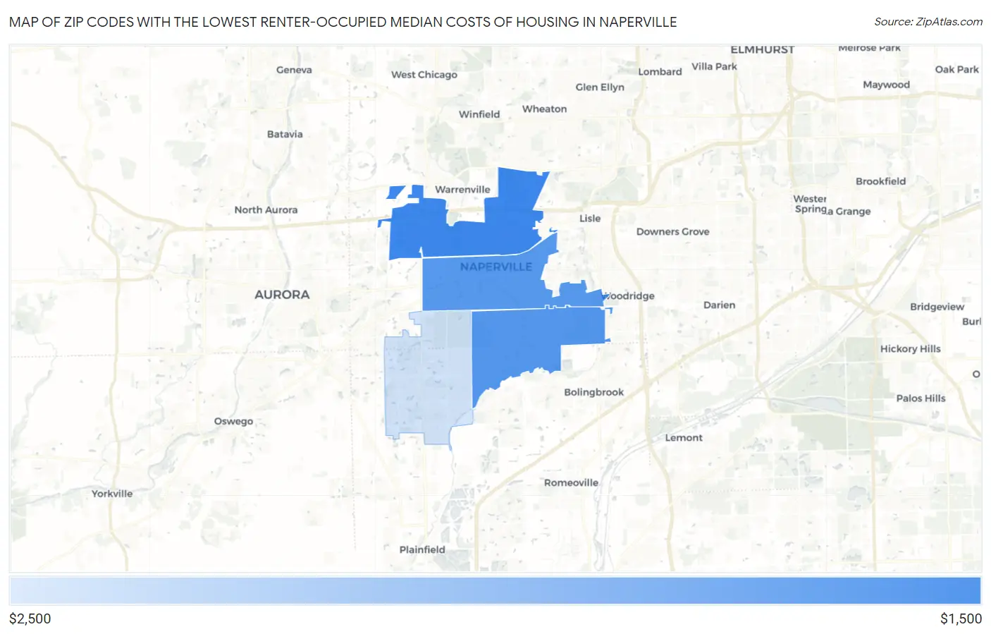 Zip Codes with the Lowest Renter-Occupied Median Costs of Housing in Naperville Map