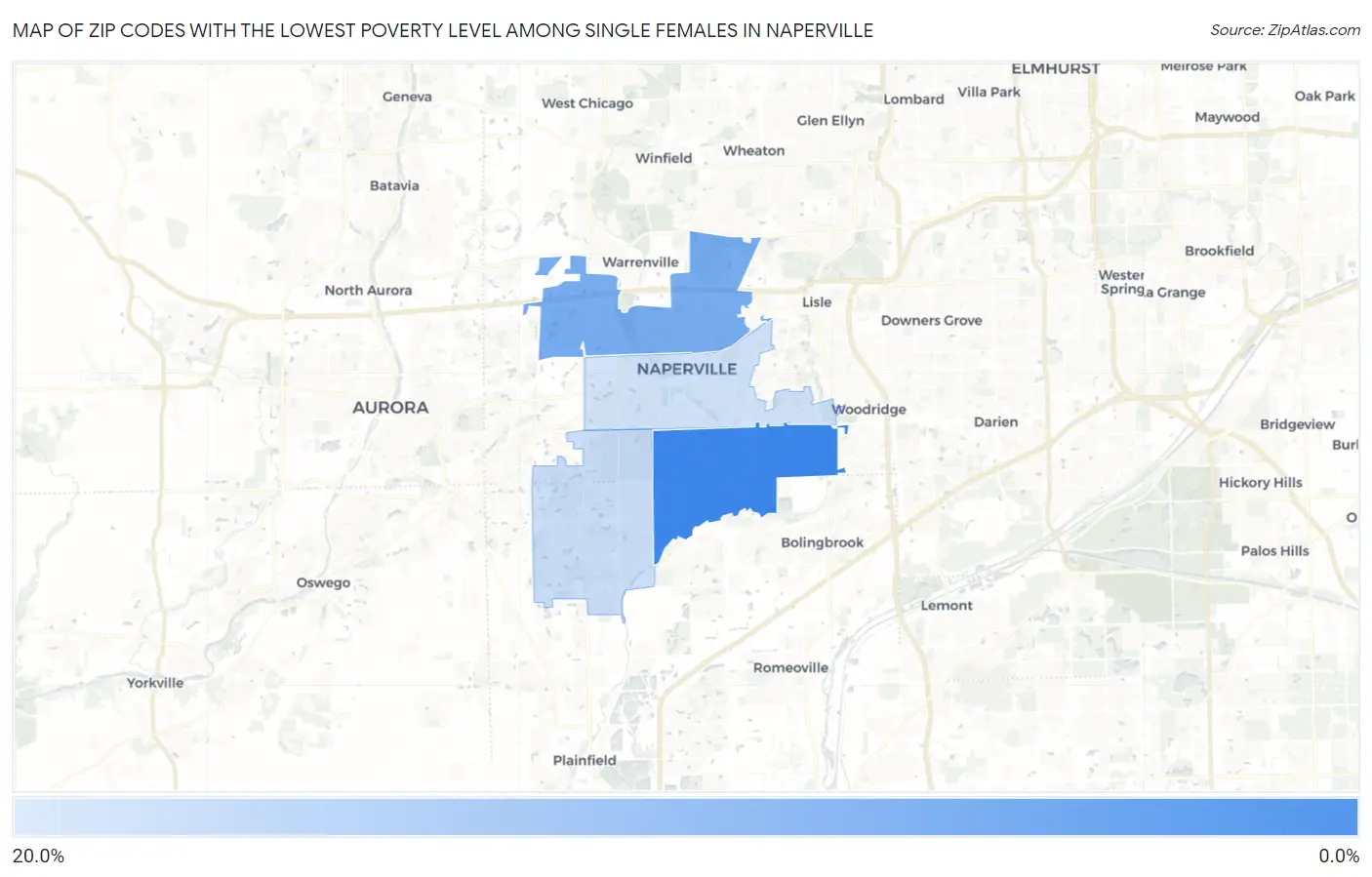 Zip Codes with the Lowest Poverty Level Among Single Females in Naperville Map