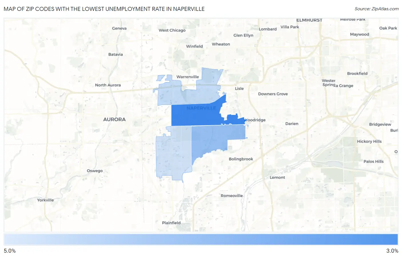 Zip Codes with the Lowest Unemployment Rate in Naperville Map